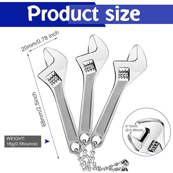GEREMF-Adjustable Spanner Mini Nut Wrench Silver Shifting Spanner Wrench Small Adjustable Wrench with Chain Hand Knurl Tool for Repair Maintenance Automotive Car (3 Packs,2.5 Inch)