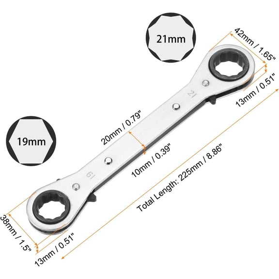 GEREMF-Double Box End Reversible Ratcheting Wrench 19mm x 21mm CR-V Steel 180 Degrees Metric Double Head 12-Point 24-Teeth Adjustable Ratchet Gear Socket Spanner, Silver Grey