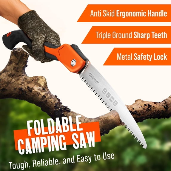 GEREMF-GROWIT Folding Camping saw 11 Inch - Heavy Duty Pruning Saw with Triple-Cut SK5 Blade, 7 TPI Razor Teeth for Tree Trimming, Wood Cutting, Camping, Bushcraft, and Gardening