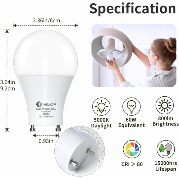 GEREMF-GU24 LED Light Bulb,60 Watt Equivalent Daylight White 5000K,Non-Dimmable,Efficient 9W,800 Lumens Twist and Lock 2 Prong Light Bulbs,15000 Hours,Ideal for Kitchen,Living Room,Bedroom,12-Packs