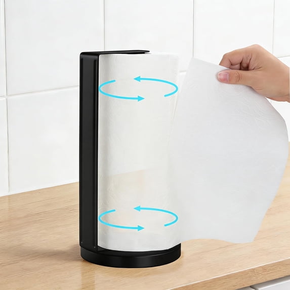 GEREMF-Paper Towel Holder Countertop with Heavy-Duty Anti Slip Weighted Base, Freestanding Stainless Steel Kitchen Paper Roll Holder, Easy One-Handed Tear, Black
