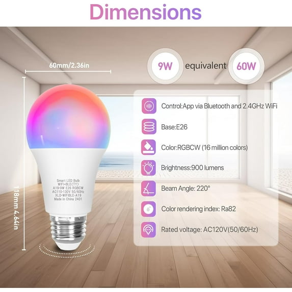 GEREMF-Smart Light Bulb Compatible with Alexa & Google Home, A19 E26 LED Light Bulb 60W Equivalent, 2.4GHz WiFi & Bluetooth Color Changing APP Dimmable, Multicolor LED Bulb 900 Lumens,2P