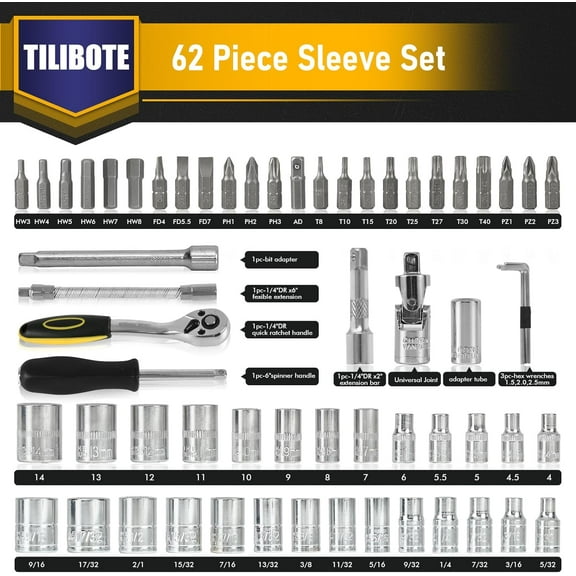 GEREMF-Socket Wrench Set, 62PCS 1/4" Ratcheting Wrench Set With 72 Tooth count Ratchet, SAE & Metric From 5/32" - 9/16 ", 4mm - 14mm,tool Set For home And car,motorcycle,bike Repair
