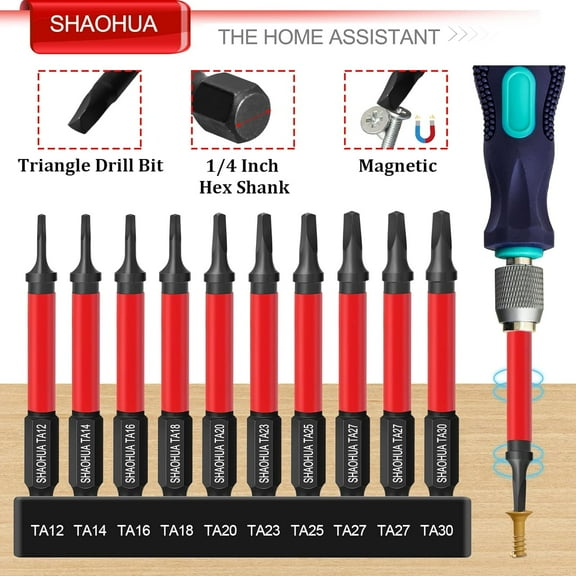 GEREMF-Triangle Screwdriver Bits w/1/4" Quick Change Bit Driver, 10PCS Upgraded S2 Steel Impact Triangle Drill Bit Set Size TA12/14/16/18/20/23/25/27(x2)/30, 2.55'' Triangle Bit Set, Triangle Screwdr