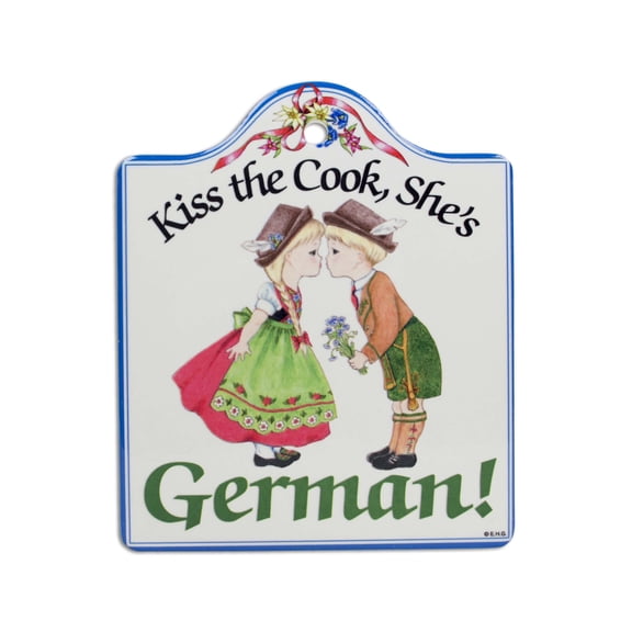 GERM Cork Backed Ceramic Multicolor Cheeseboard: Kiss the Cook German