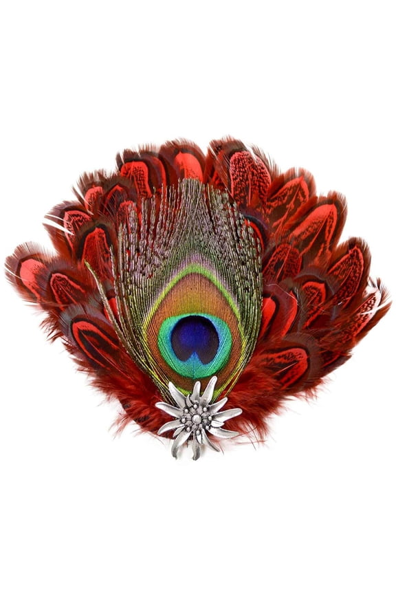 An Metal Hat Pin Deluxe Peacock & Red Feathers