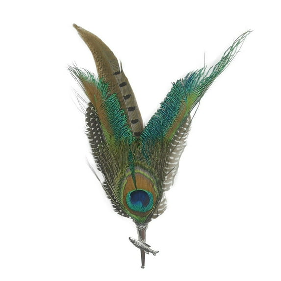 GERM Peacock & Pheasant Feathers with Fish Medallion Hunter Hat Pin Charming Design Silver Plated Fisherman's Hat Pins