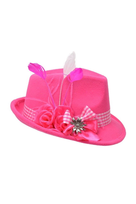 Pink Ladies Hat with Edelweiss Pin and Feathers & Felt Fedora Hat Style