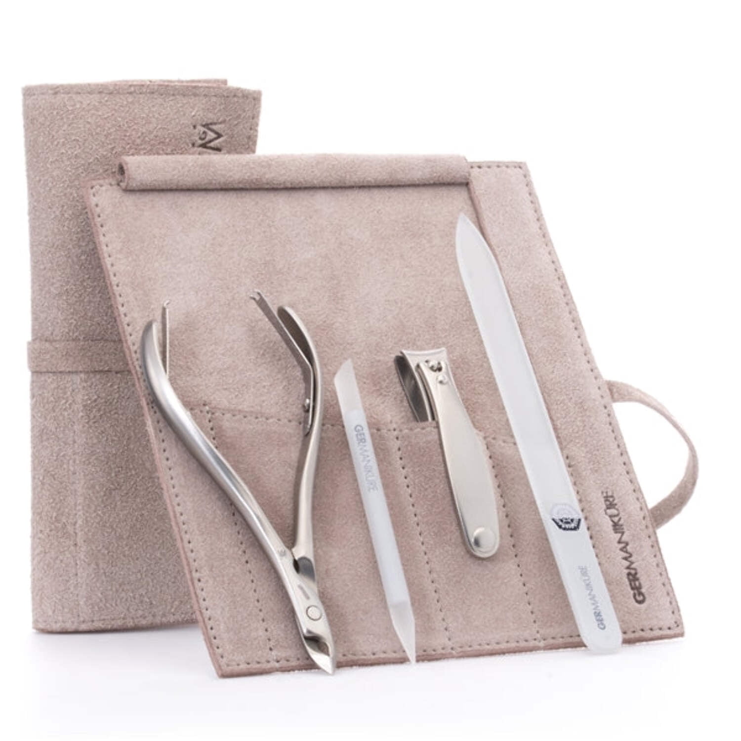 GERMANIKURE 4pc Manicure Set in Beige Suede Case - FINOX Stainless Steel Tools Made in Germany, Glass Nail Care Supplies Made in Czech Republic – Professional Cuticle and Nail Care Kit