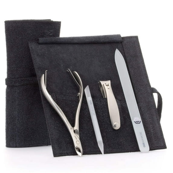 GERMANIKURE 4pc Manicure Set in Black Suede Case - FINOX Stainless Steel Tools Made in Germany, Glass Nail Care Supplies Made in Czech Republic – Professional Cuticle and Nail Care Kit