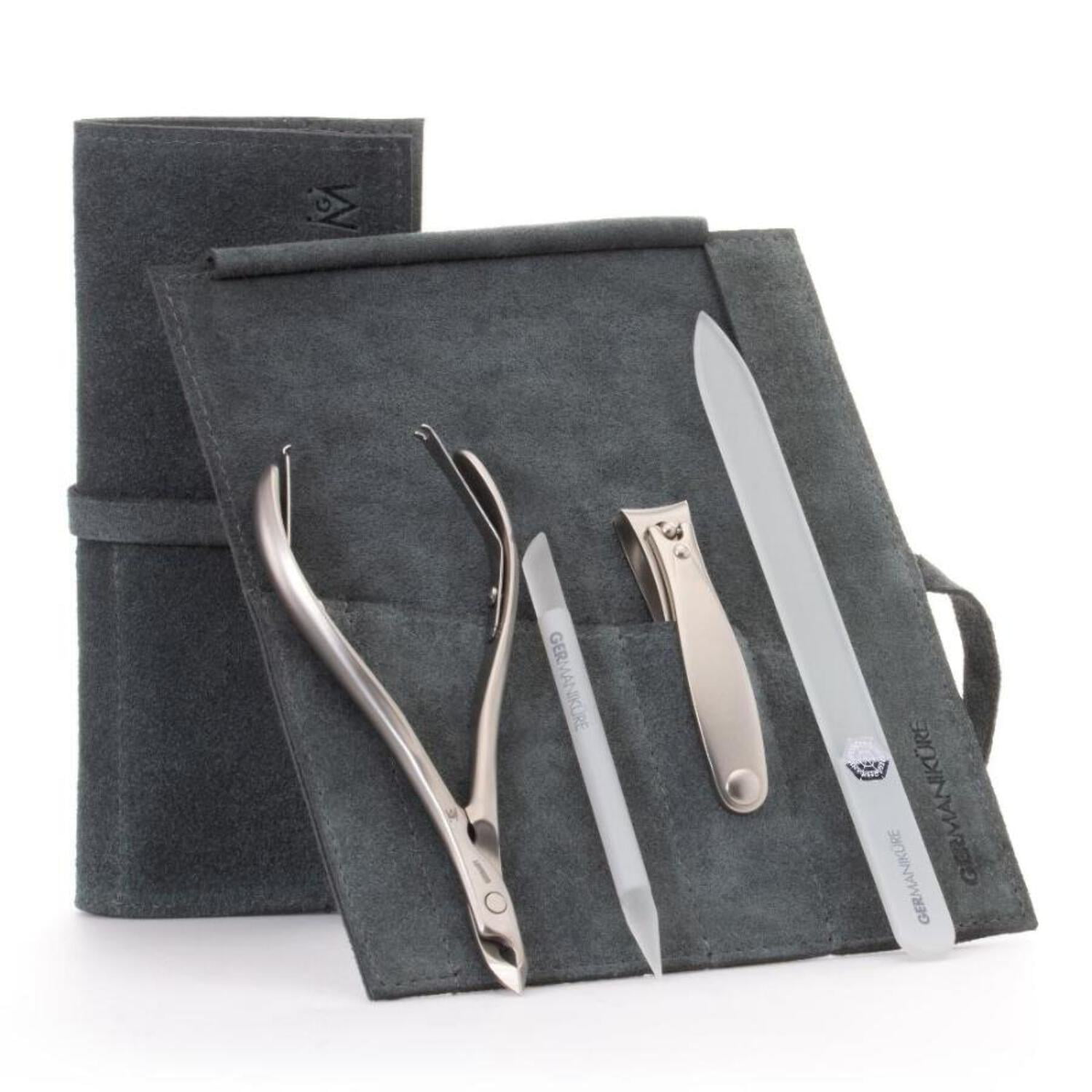 GERMANIKURE 4pc Manicure Set in Light Gray Suede Case - FINOX Stainless Steel Tools Made in Germany, Glass Nail Care Supplies Made in Czech Republic – Professional Cuticle and Nail Care Kit