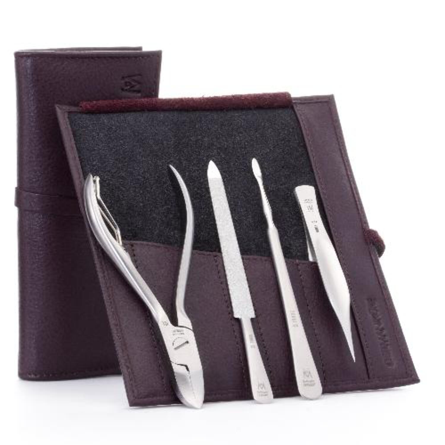 GERMANIKURE - 4pc Manicure Set in Leather Case - FINOX® Stainless Steel: Toenail Nipper, Cleaner, Pointed Tweezer and Sapphire Nail File