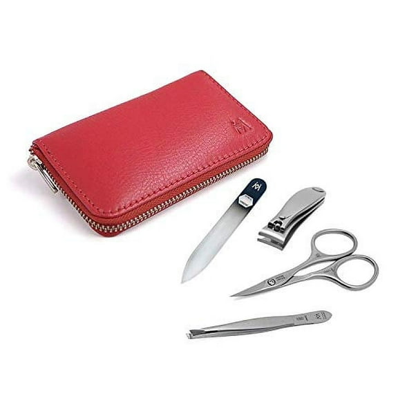 GERMANIKURE 4pc Travel Manicure Set - FINOX Stainless steel tools handmade in Solingen Germany: Nail clipper, Cuticle scissor, Tweezer, Glass Nail file in Leather Case