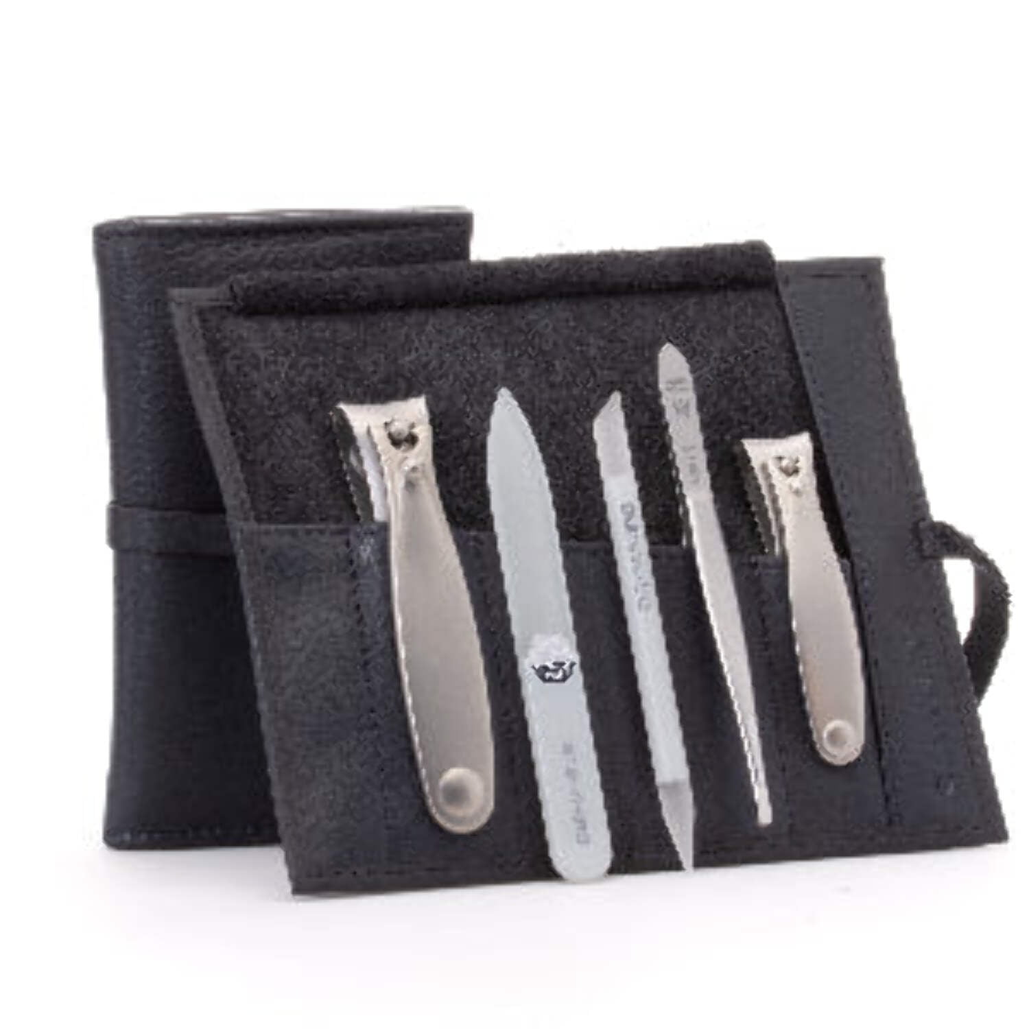 GERMANIKURE 5pc Manicure  Pedicure Set - FINOX® Surgical Steel: Toenail and Fingernail Clippers, Tweezers,Travel Glass File, and Travel Glass Cuticle Stick in Leather case