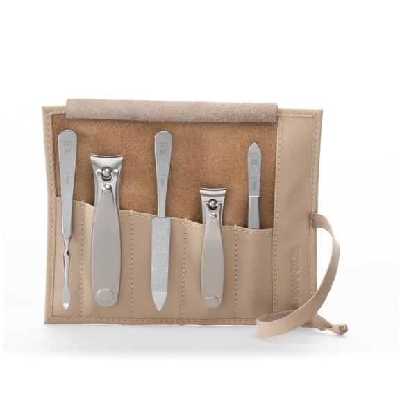 GERMANIKURE 5pc Manicure Set in Beige Leather Case - Made in Solingen Germany, FINOX Stainless Steel Tools Professional Quality Compact Nail Grooming Kit