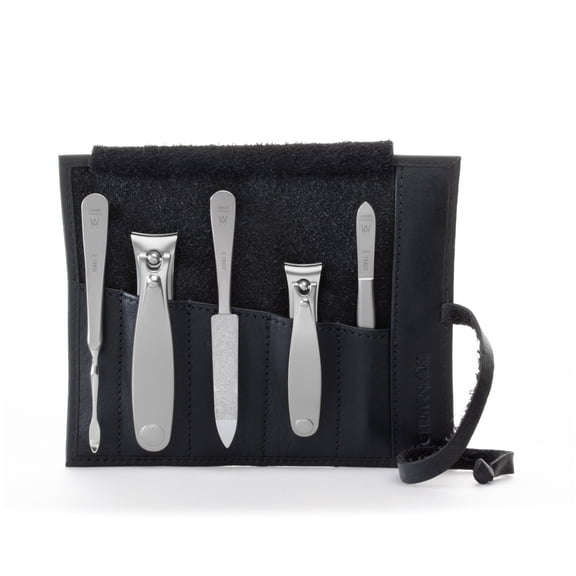 GERMANIKURE 5pc Manicure Set in Black Leather Case - Made in Solingen Germany, FINOX Stainless Steel Tools Professional Quality Compact Nail Grooming Kit