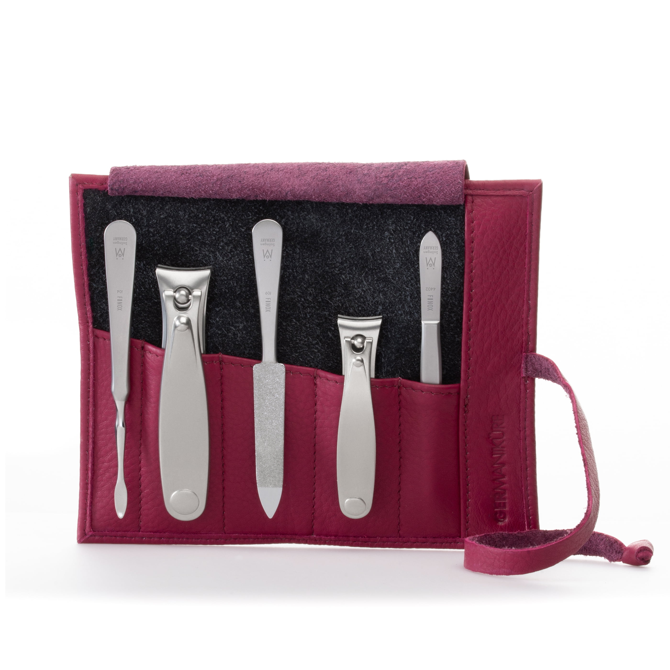 GERMANIKURE 5pc Manicure Set in Magenta Leather Case Made in Solingen