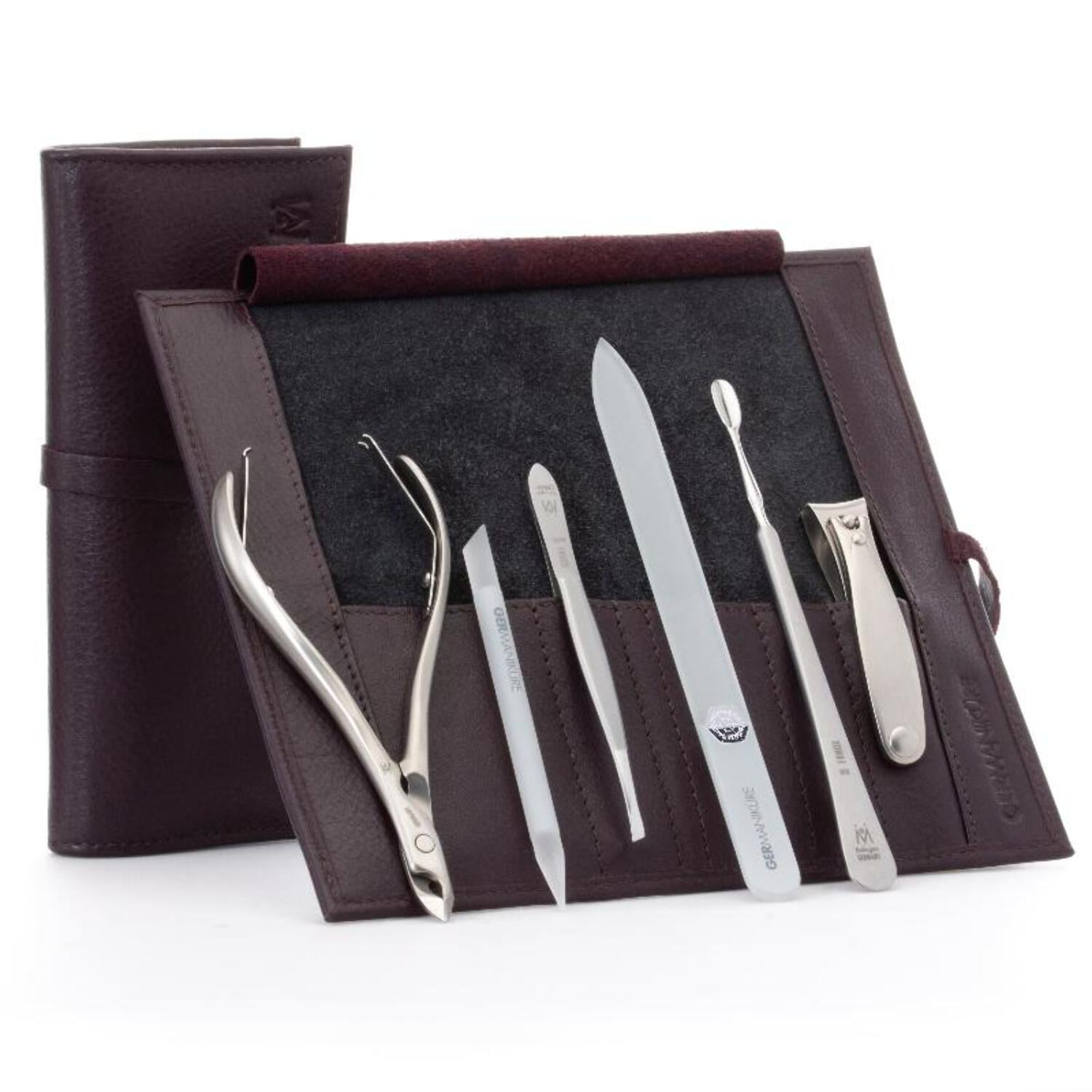 GERMANIKURE 6pc Manicure Set in Dark Purple Leather Case - FINOX Stainless Steel Tools Made in Germany, Glass Nail Care Supplies Made in Czech Republic – Professional Cuticle and Nail Care Kit