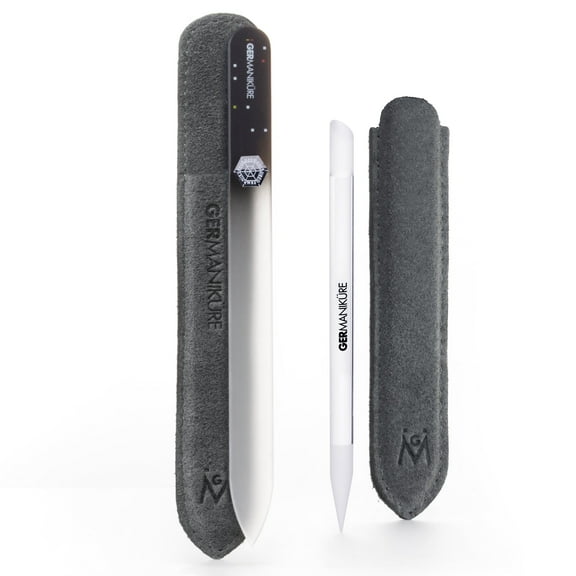 GERMANIKURE Crystal Glass Cuticle Stick & Black Nail File Set in Suede Leather Case Handmade in Czech Republic Professional Manicure Supplies Cuticle Pusher, Callous Remover