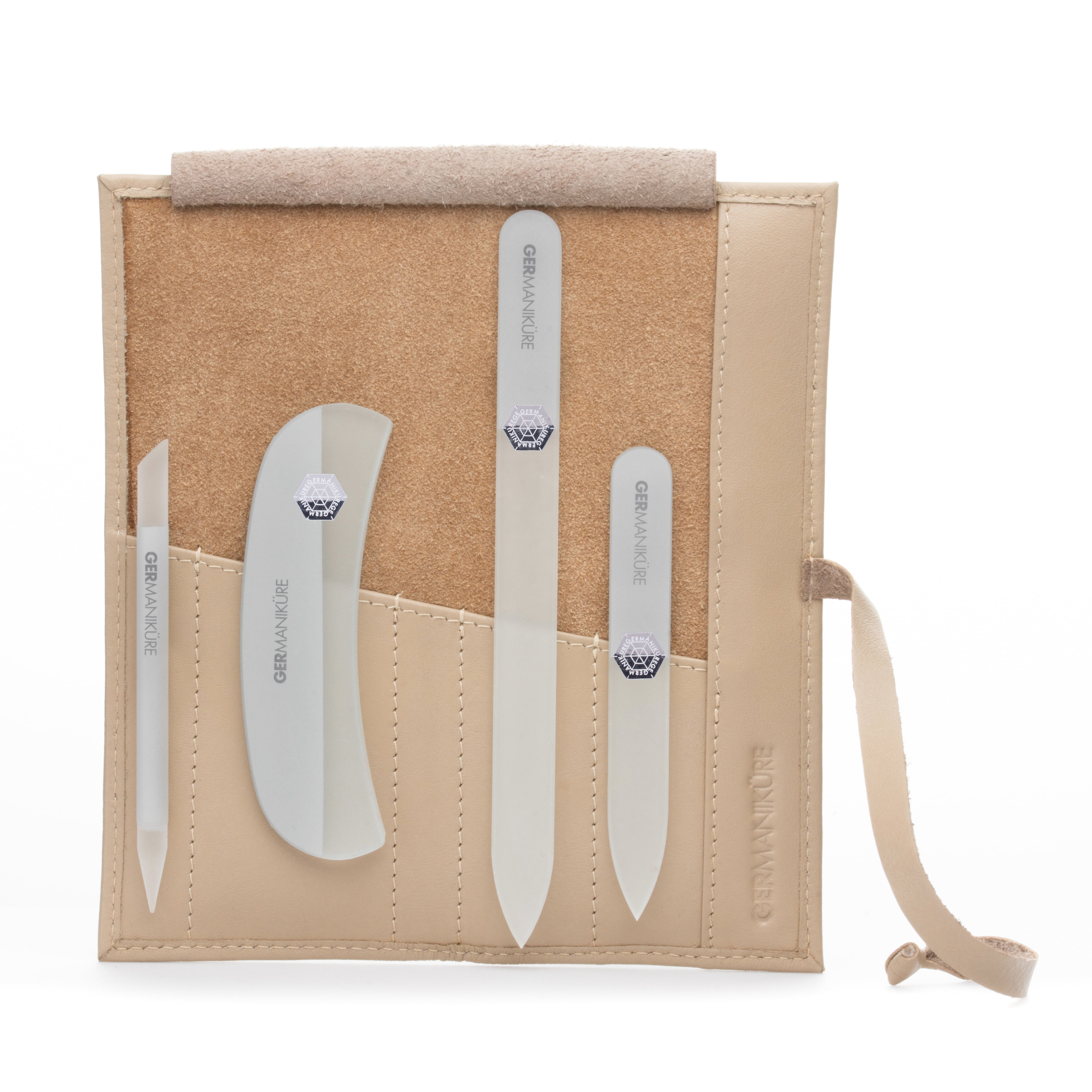 GERMANIKURE Crystal Glass Nail File Set in Beige Leather Case