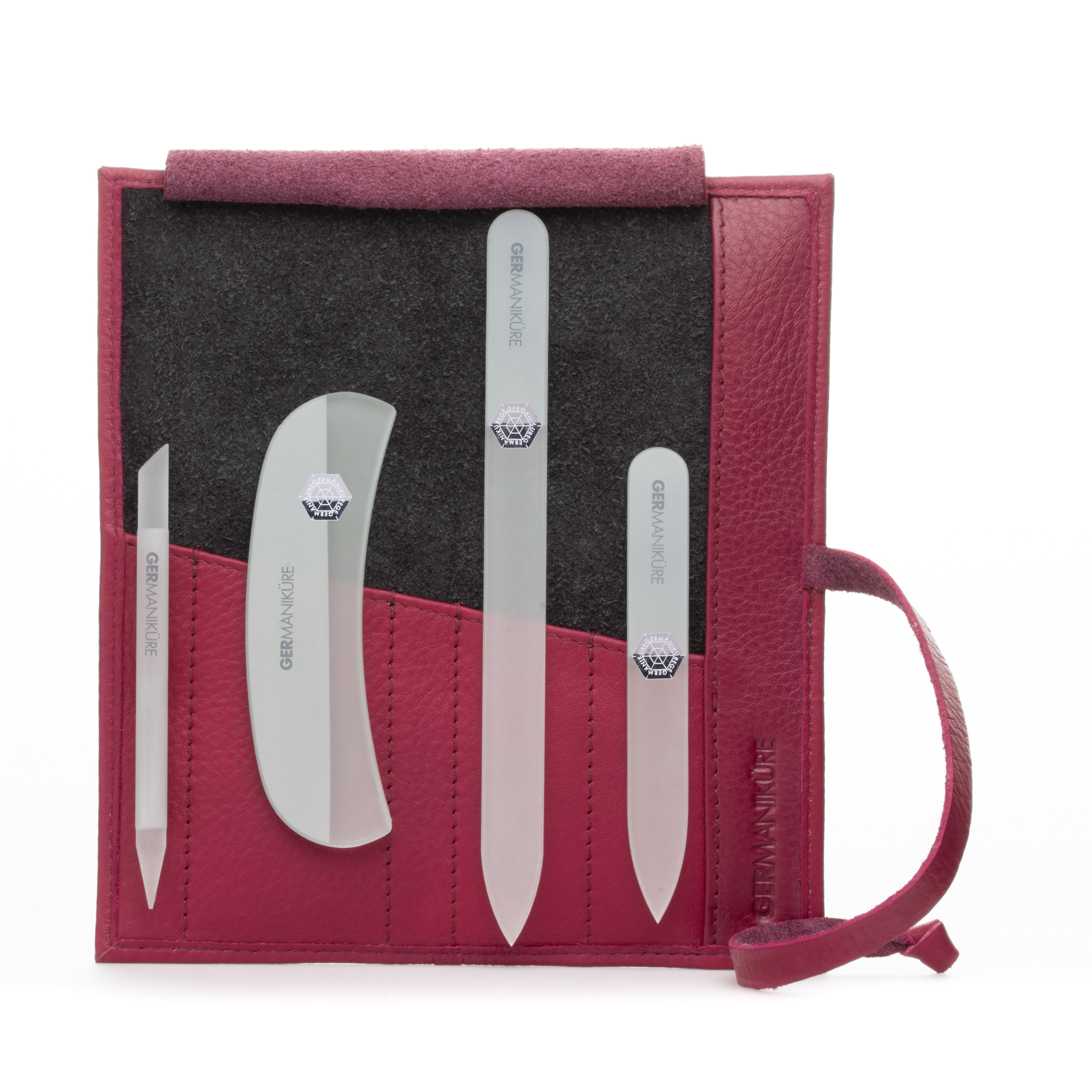 GERMANIKURE Crystal Glass Nail File Set in Magenta Leather Case – Handmade in Czech Republic – Professional Manicure & Pedicure Supplies – Glass Cuticle Stick, Pusher, Callous Remover