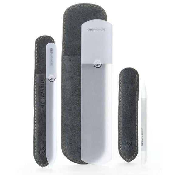 GERMANIKURE Gray Glass Nail File Set in Suede Cases- Ethically Made in Czech Republic - Professional Permanently Etched Fingernail File, Small Travel File, Cuticle Remover Stick