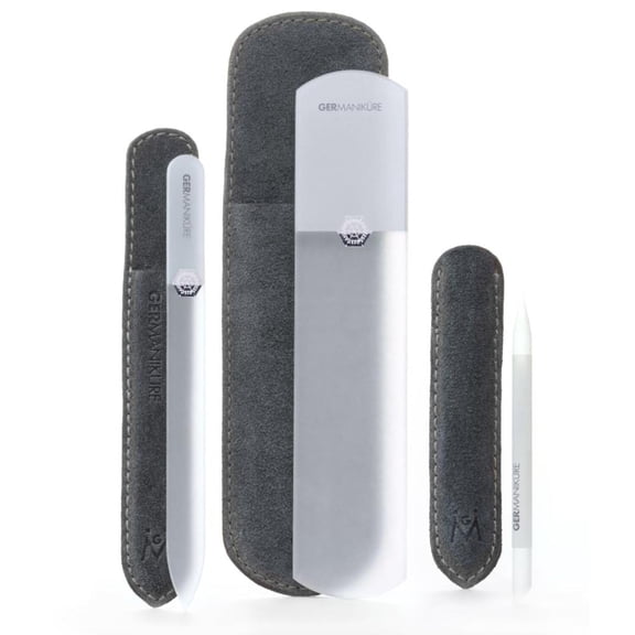 GERMANIKURE Gray Glass Nail File Set in Suede Cases- Ethically Made in Czech Republic - Professional Permanently Etched Fingernail File, Small Travel File, Cuticle Remover Stick