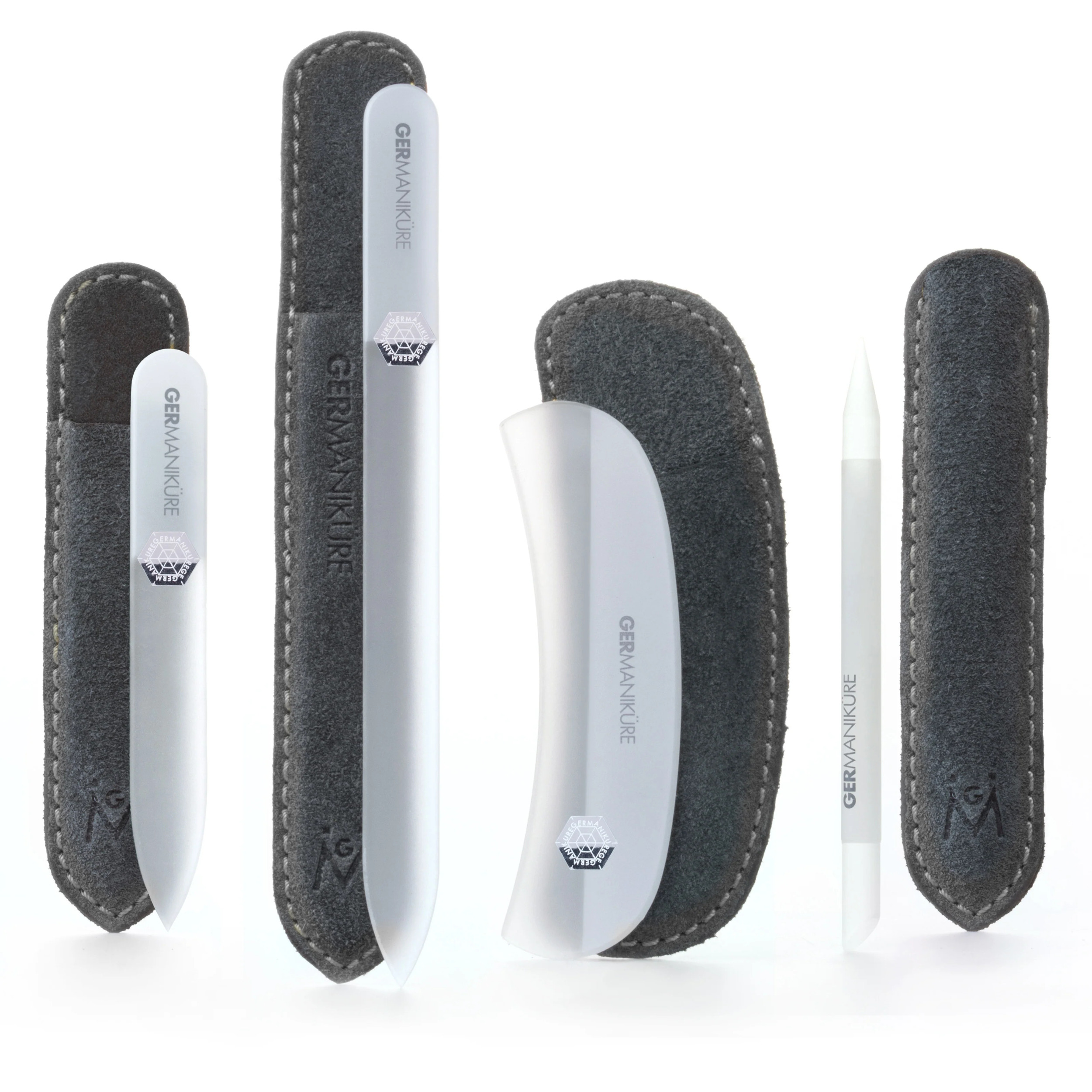 GERMANIKURE Gray Glass Nail File Set in Suede Cases Handmade in Czech