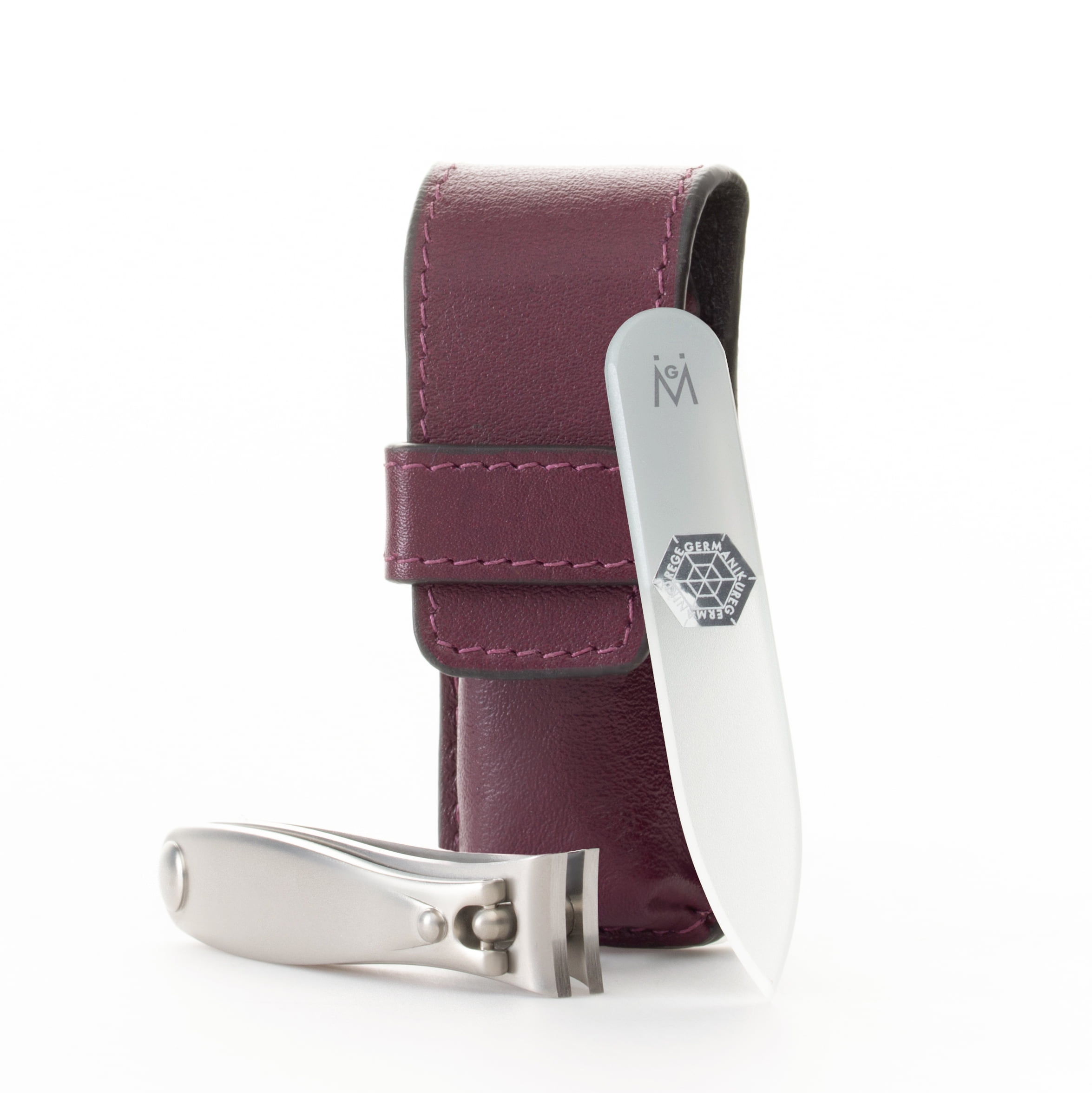 GERMANIKURE Nail clipper and Glass Nail File Set in Purple Leather Case - Made in Solingen Germany of FINOX Stainless Steel, Glass Nail Care Supplies Made in Czech Republic