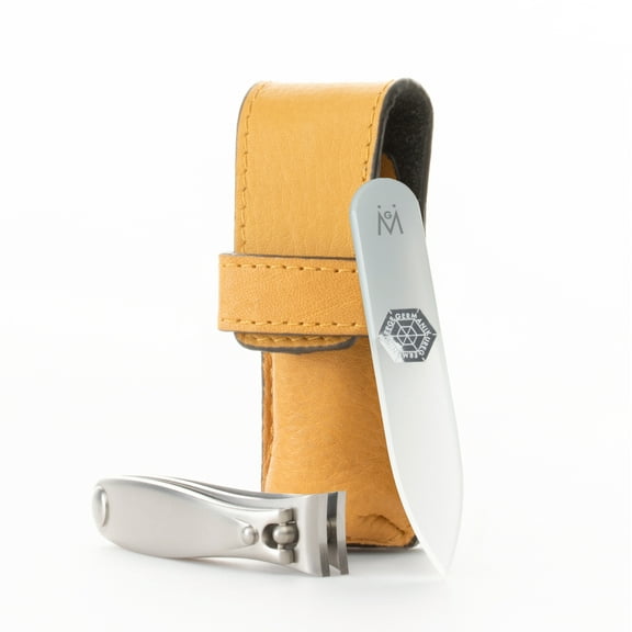 GERMANIKURE Nail clipper and Glass Nail File Set in Yellow Leather Case - Made in Solingen Germany of FINOX Stainless Steel, Glass Nail Care Supplies Made in Czech Republic