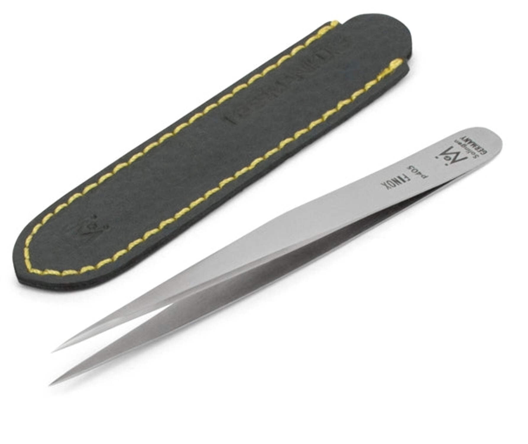 GERMANIKURE Pointed Stainless Steel Tweezers for Men & Women Facial Hair - Precision Eyebrow Tweezers, Fine Tip Professional Tweezers with Leather Case - Made in Solingen, Germany