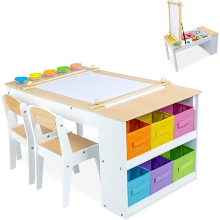 GEROBOOM 2-in-1  Art Table and Art Easel Table and Chair Set  Toddler Craft and Play Wood Activity Table with  Bins and Paper Roll
