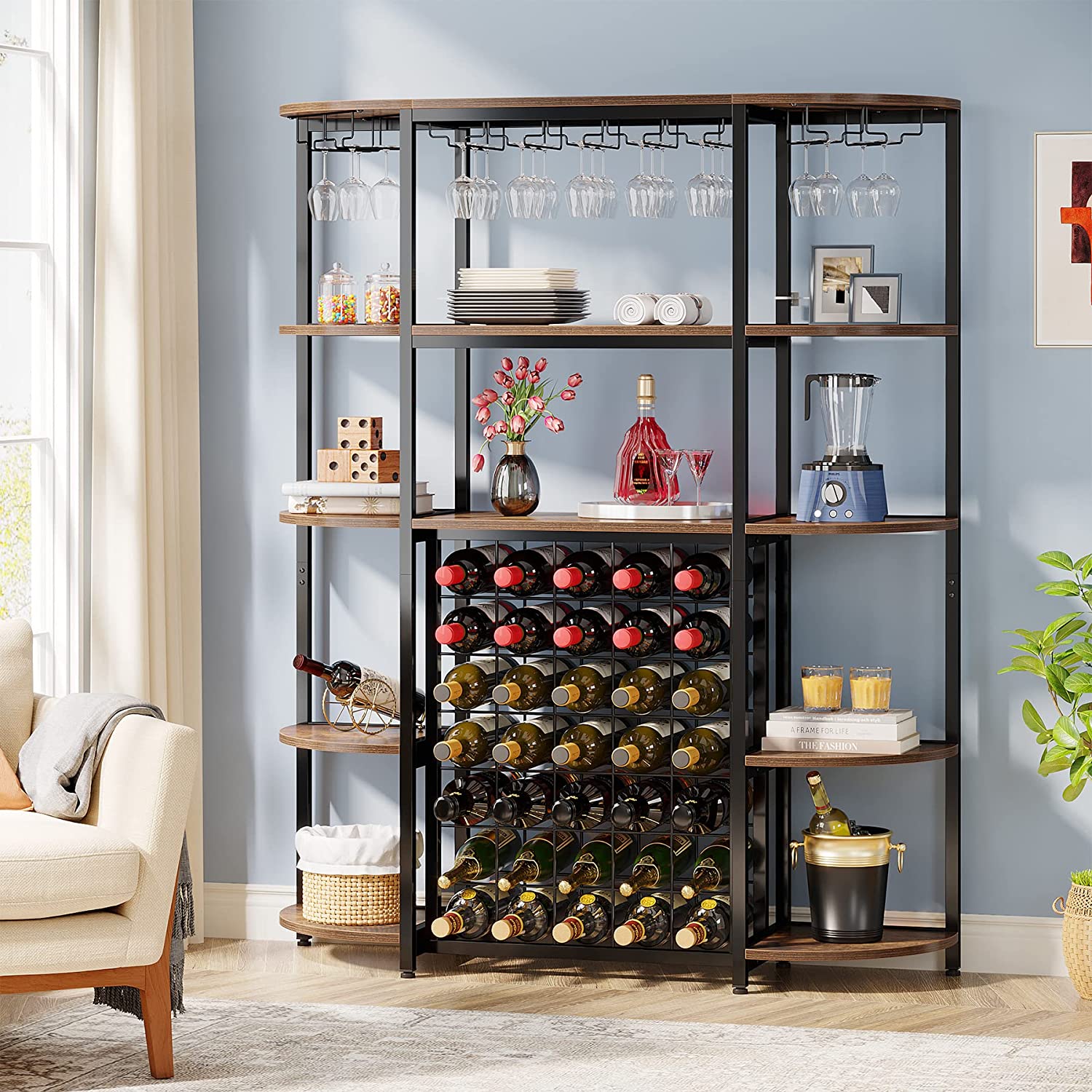 GEROBOOM 35Bottle Wine Rack Freestanding Floor Wine Bakers Rack with Glass Holder & Wine 5 Tier