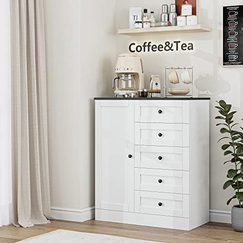 GEROBOOM 5 Drawer Dresser with Door White with Drawers and