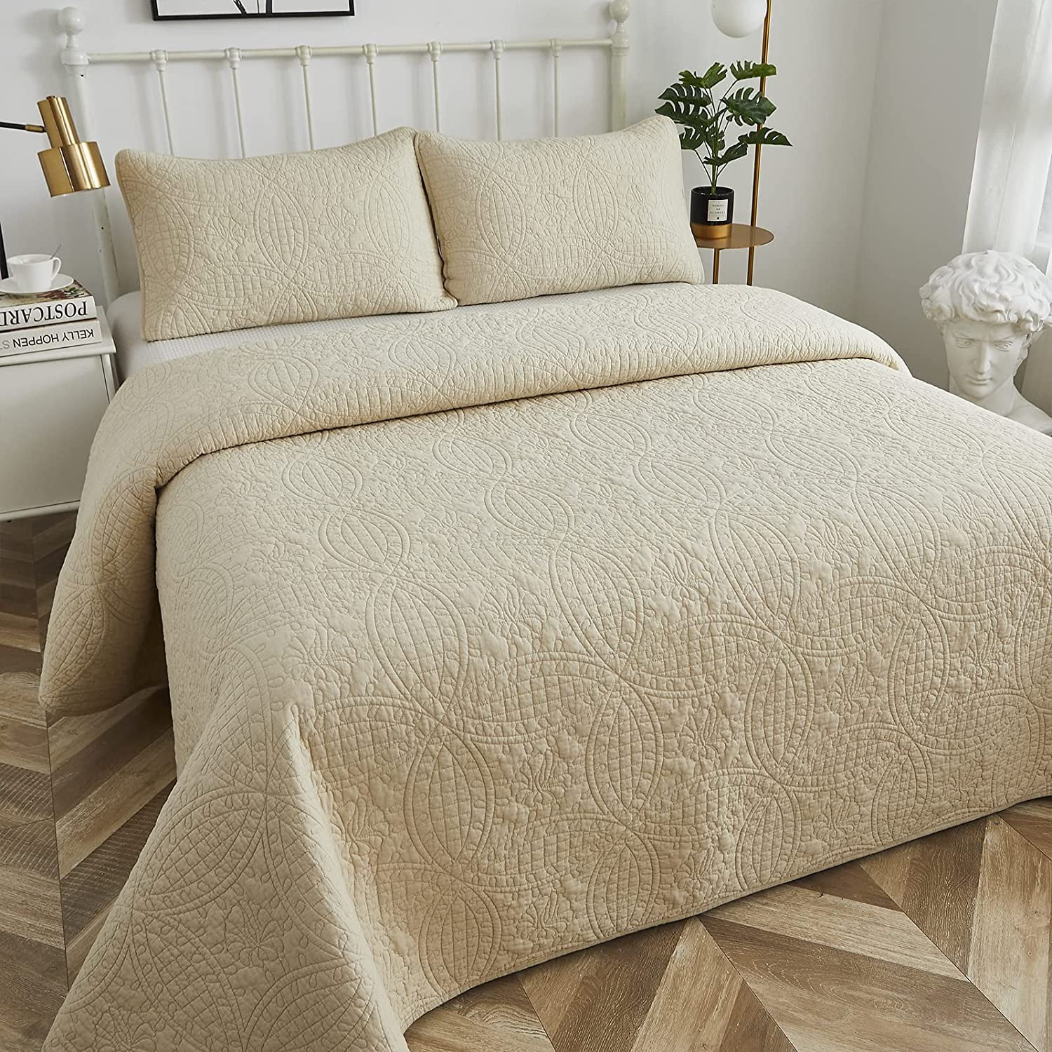 GEROBOOM Beige Quilts Cotton Damask Matelasse King Size Quilted