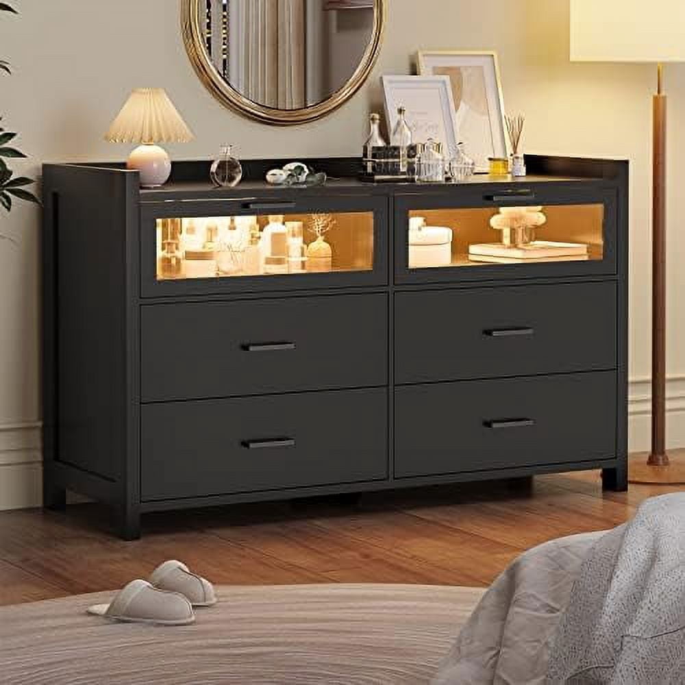 GEROBOOM Black Dresser for Bedroom 6 Drawer with LED Lights Tall Wood ...
