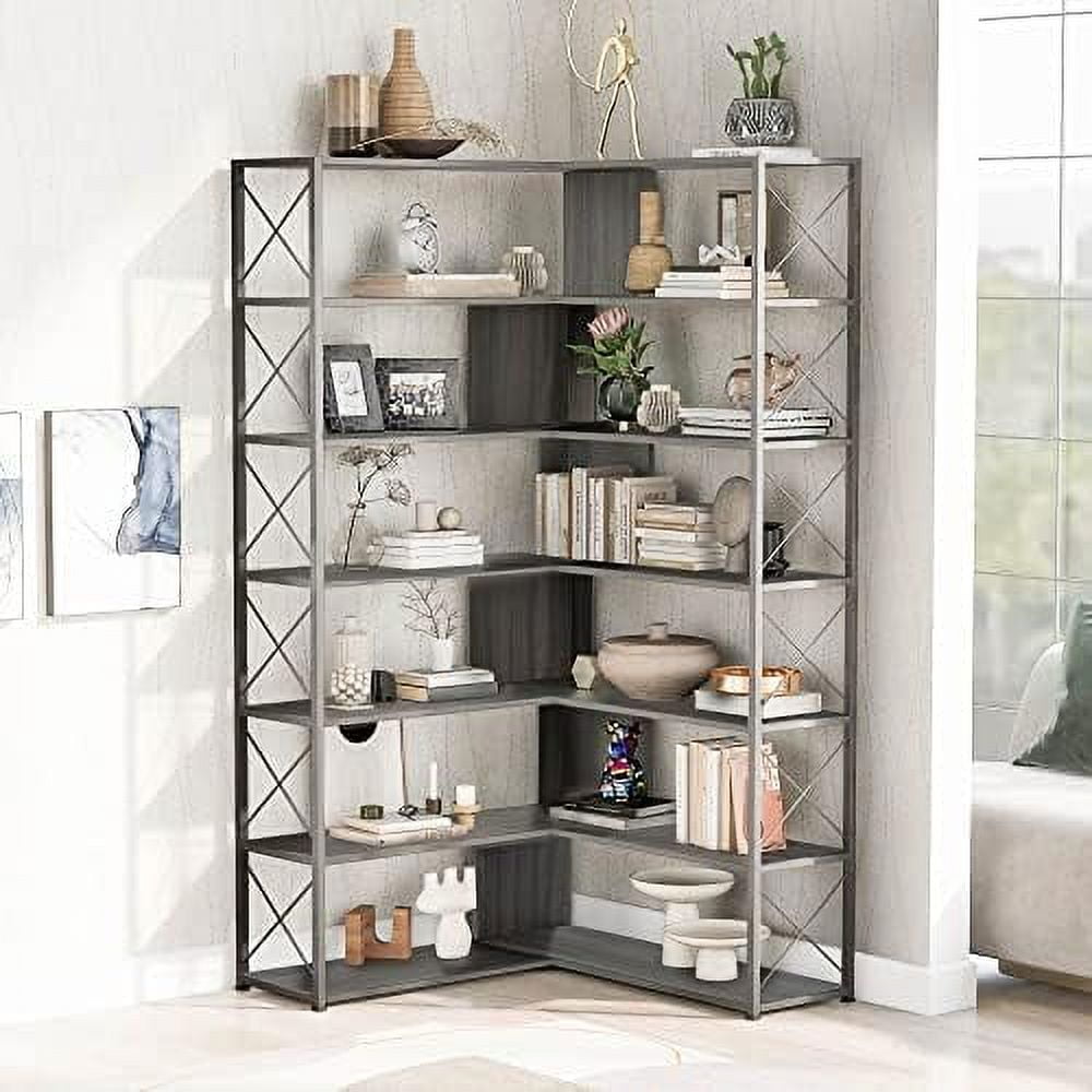 GEROBOOM Bookcase 7 Tall Corner Bookshelf Floor Standing LShaped
