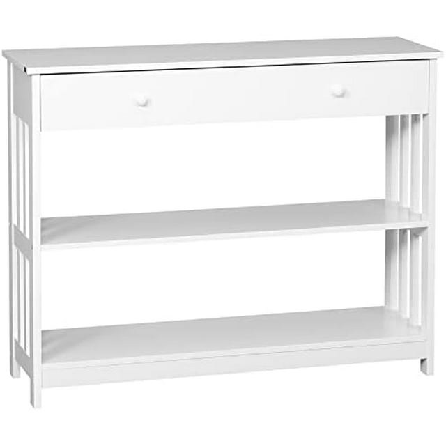 GEROBOOM Console Hallway Table with Extra Wide Pull Out Drawer 2 Open Shelves and Slatted Wood