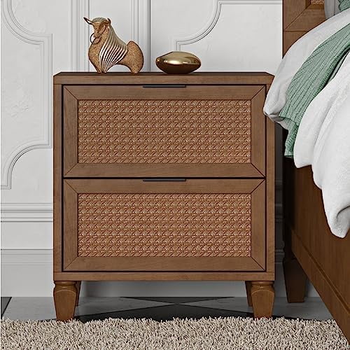 GEROBOOM Cove Solid Wood Nightstand in Black Rattan 2Drawer Bedroom