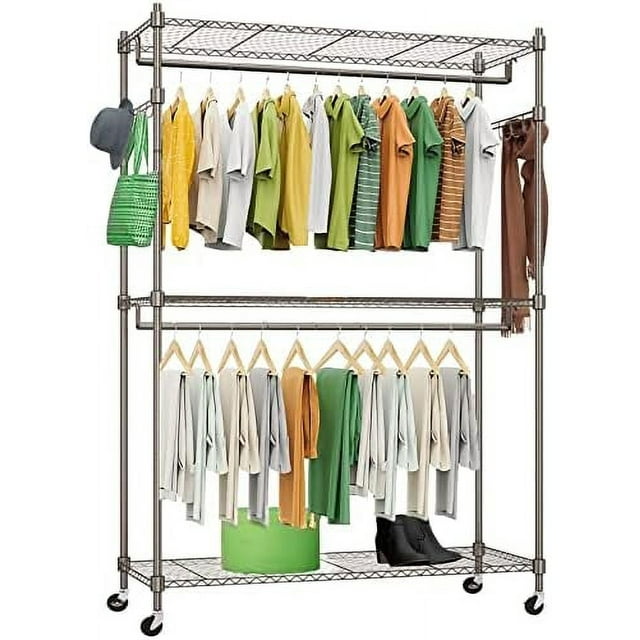 GEROBOOM Heavy Duty Rolling Garment Rack 3 Tier Wire Shelving Clothes