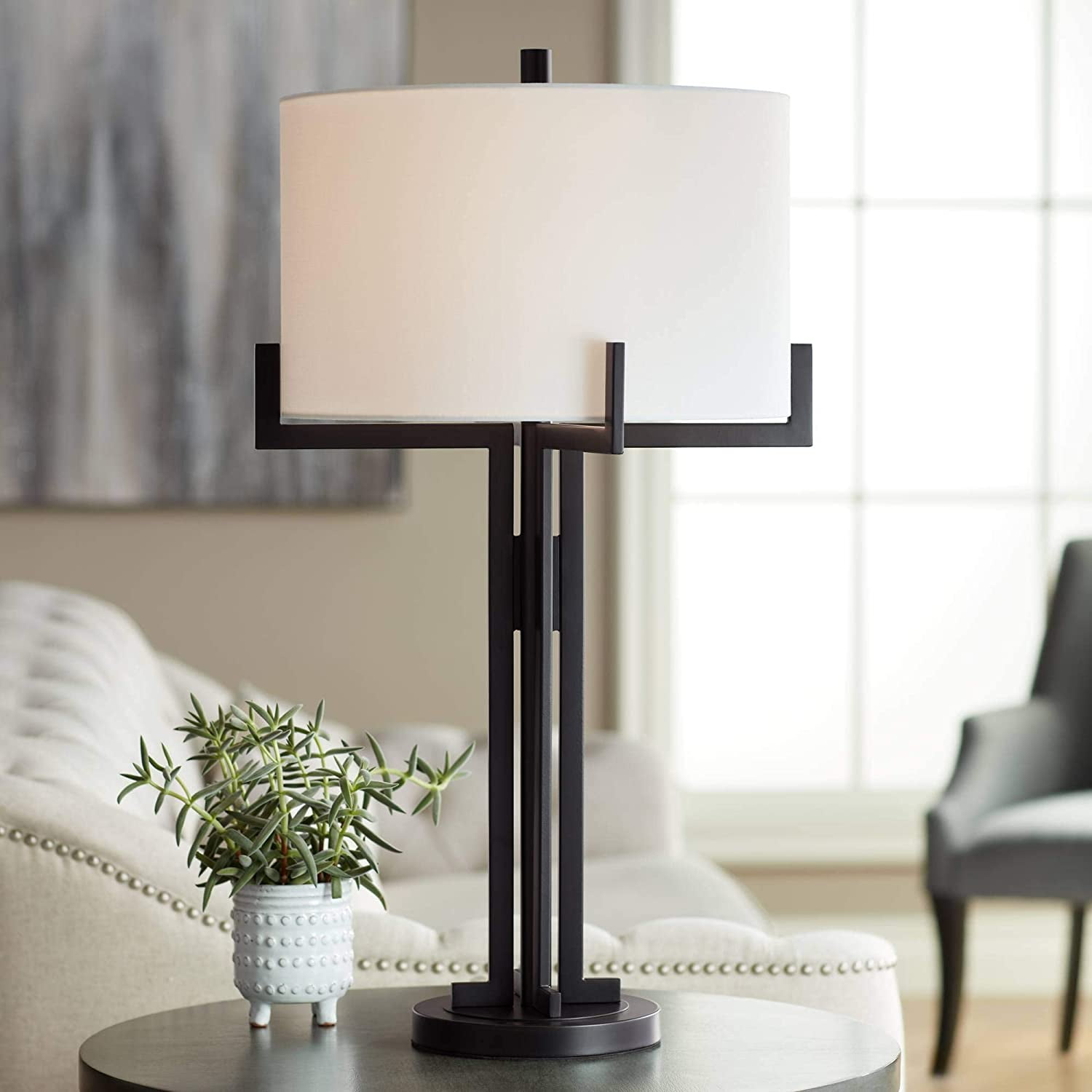 Idira 28" Modern Industrial Black Metal Table Lamp with White Drum Shade