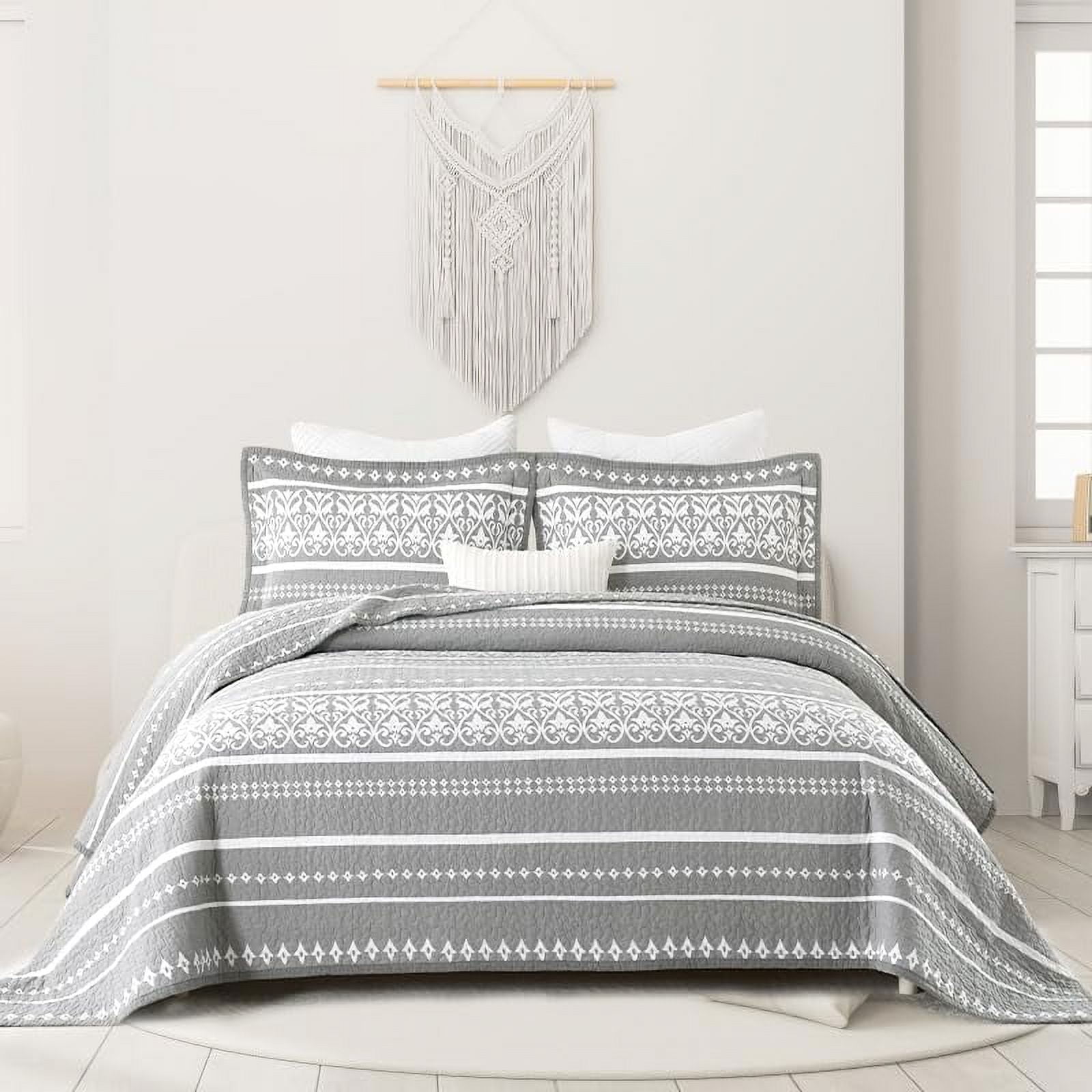 GEROBOOM King Size Quilt Grey Quilt Set 100 Cotton Floral Quilts