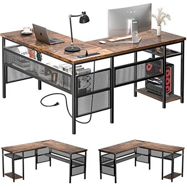 GEROBOOM L Shaped Home Office Desk with Power Outlet Computer Desk