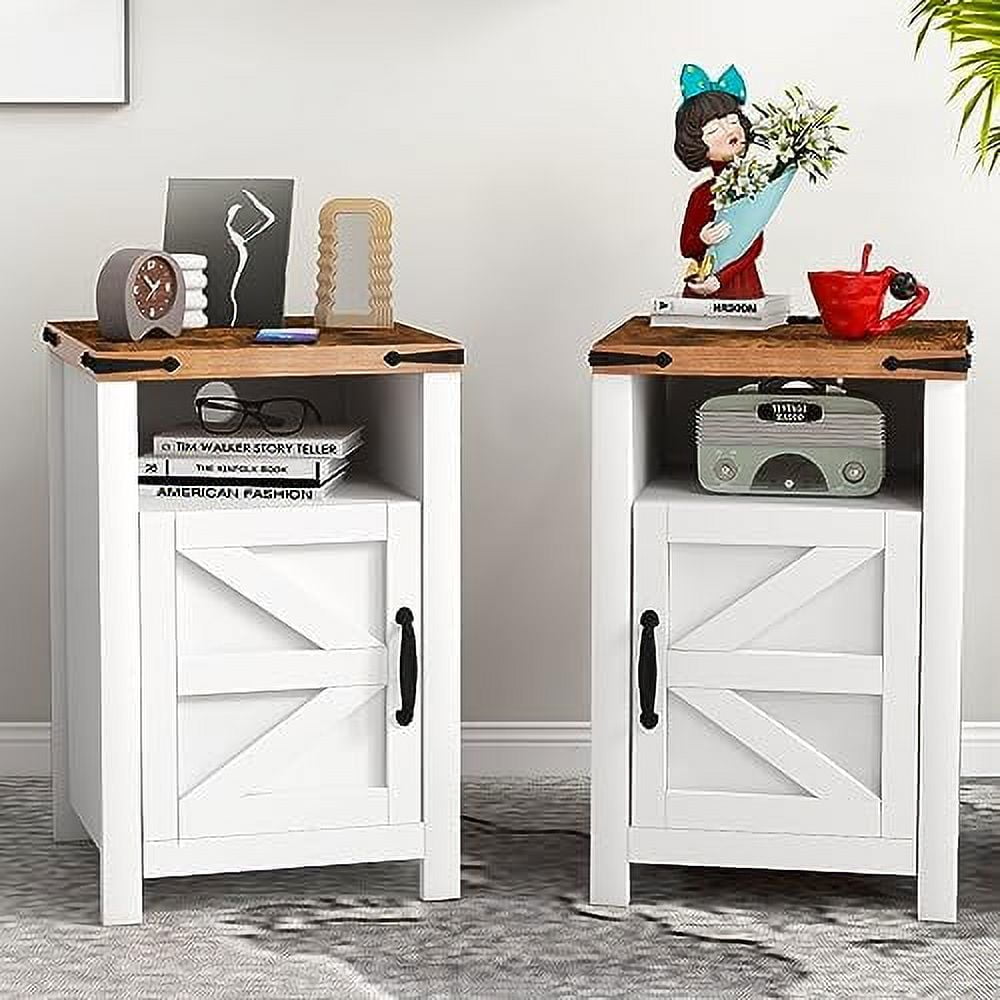 GEROBOOM Nightstand with Charging Station Farmhouse End Table with Barn