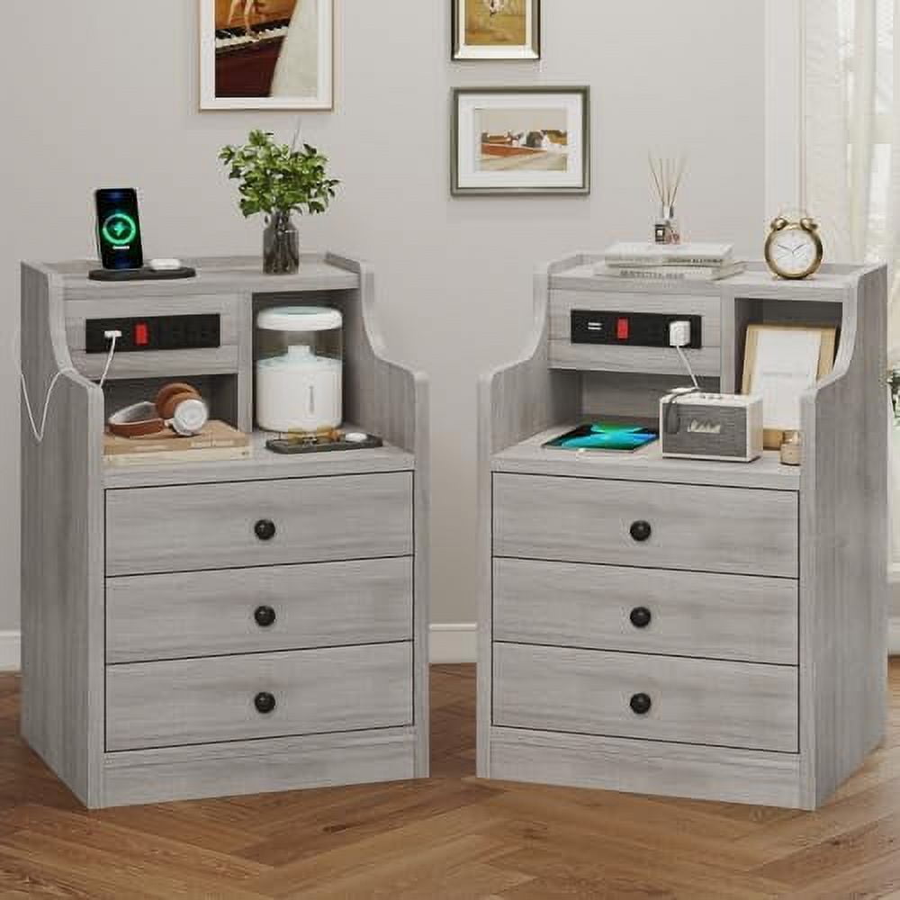 GEROBOOM Nightstand Set 2 Black NightStand with Hutch and Charging