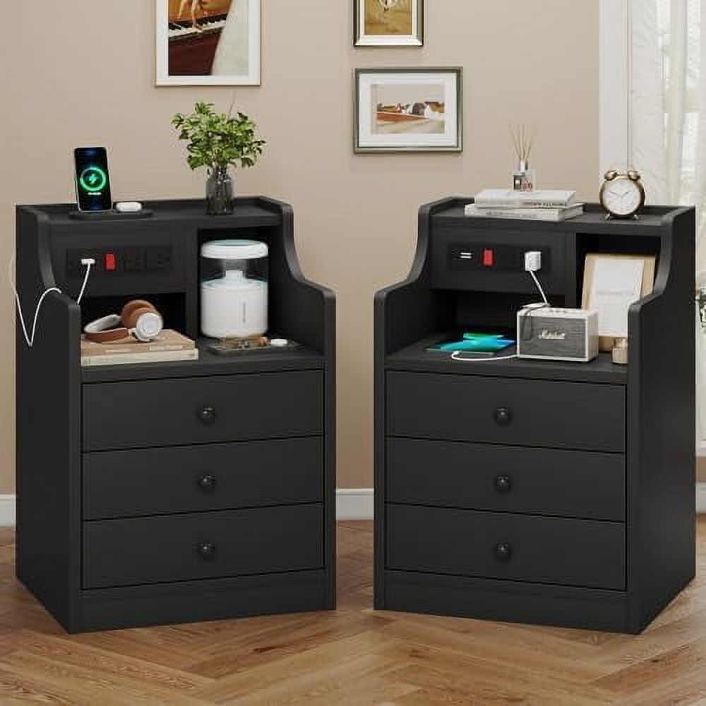 GEROBOOM Nightstand Set 2 Black NightStand with Hutch and Charging