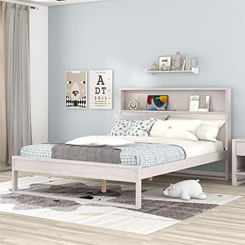 GEROBOOM Platform Bed with Headboard and USB Ports Wood Full Size Bed