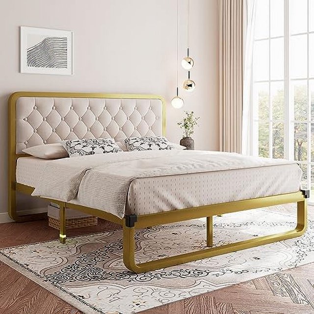 GEROBOOM Queen Size Metal Bed Frame with Velvet Button Tufted Headboard