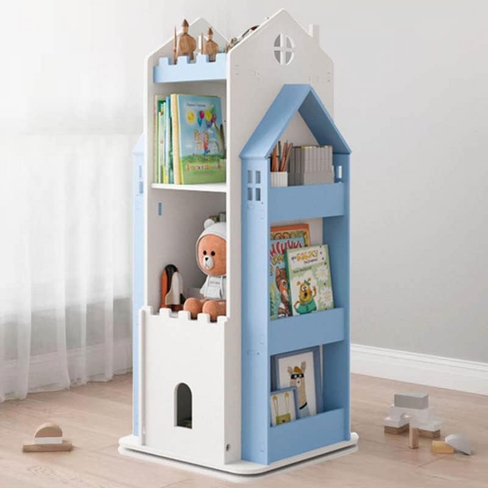 ° Rotating Bookshelf with Unique Castle White Bookshelf Toy Organizer