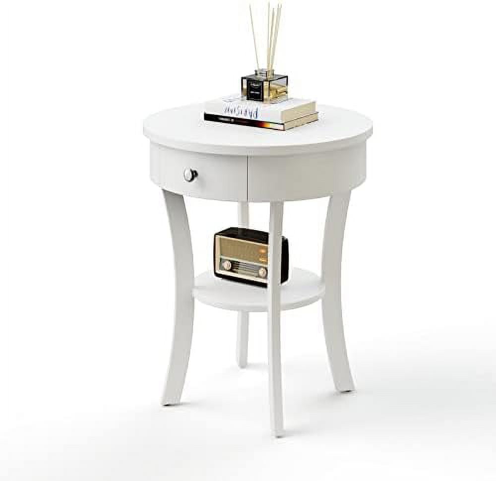 GEROBOOM Round End Table with Drawer 2Tier Wood w/Open Small Sofa for Small Space Multipurpose